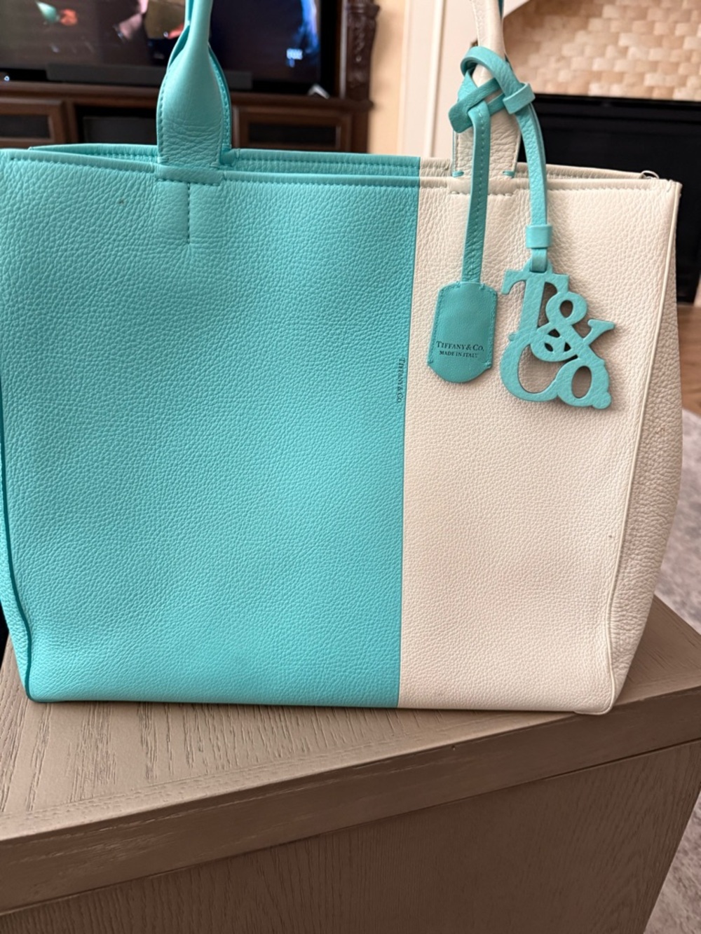 Tiffany & Co. Turquoise and Cream Leather Tote with Logo Charm